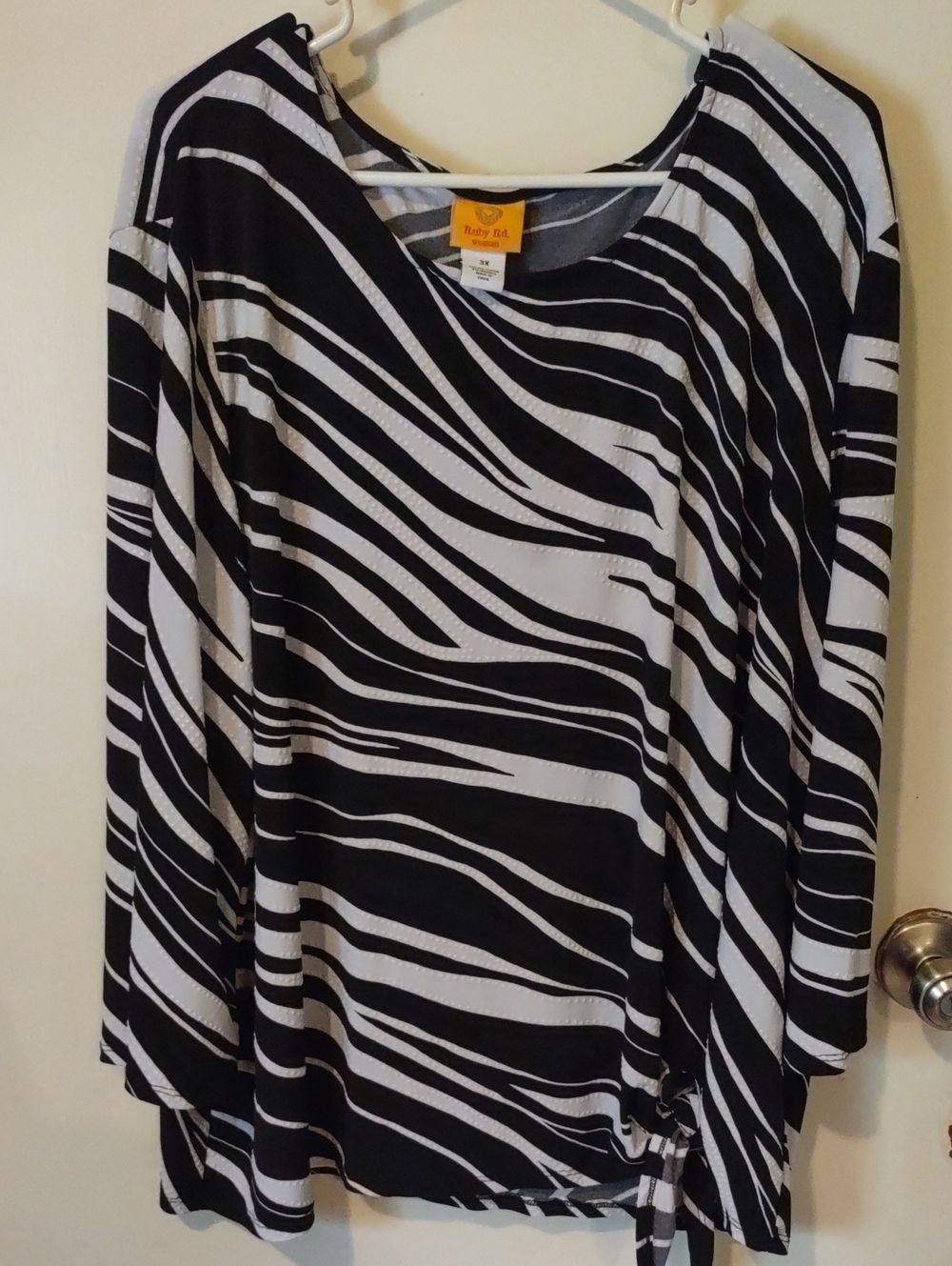 Ruby Rd. Black & White Zebra Stripe Long Sleeve Top with Side Tie
